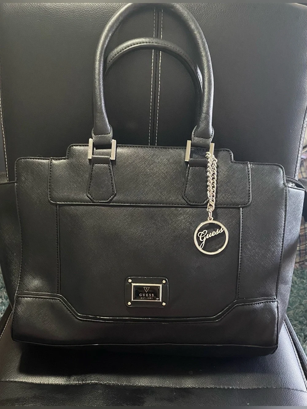 Guess Black Saffiano Tote Bag with Logo Charm
